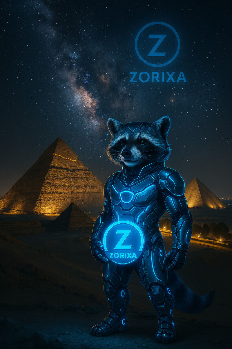ZORIXA raccoon mascot in space with pyramids