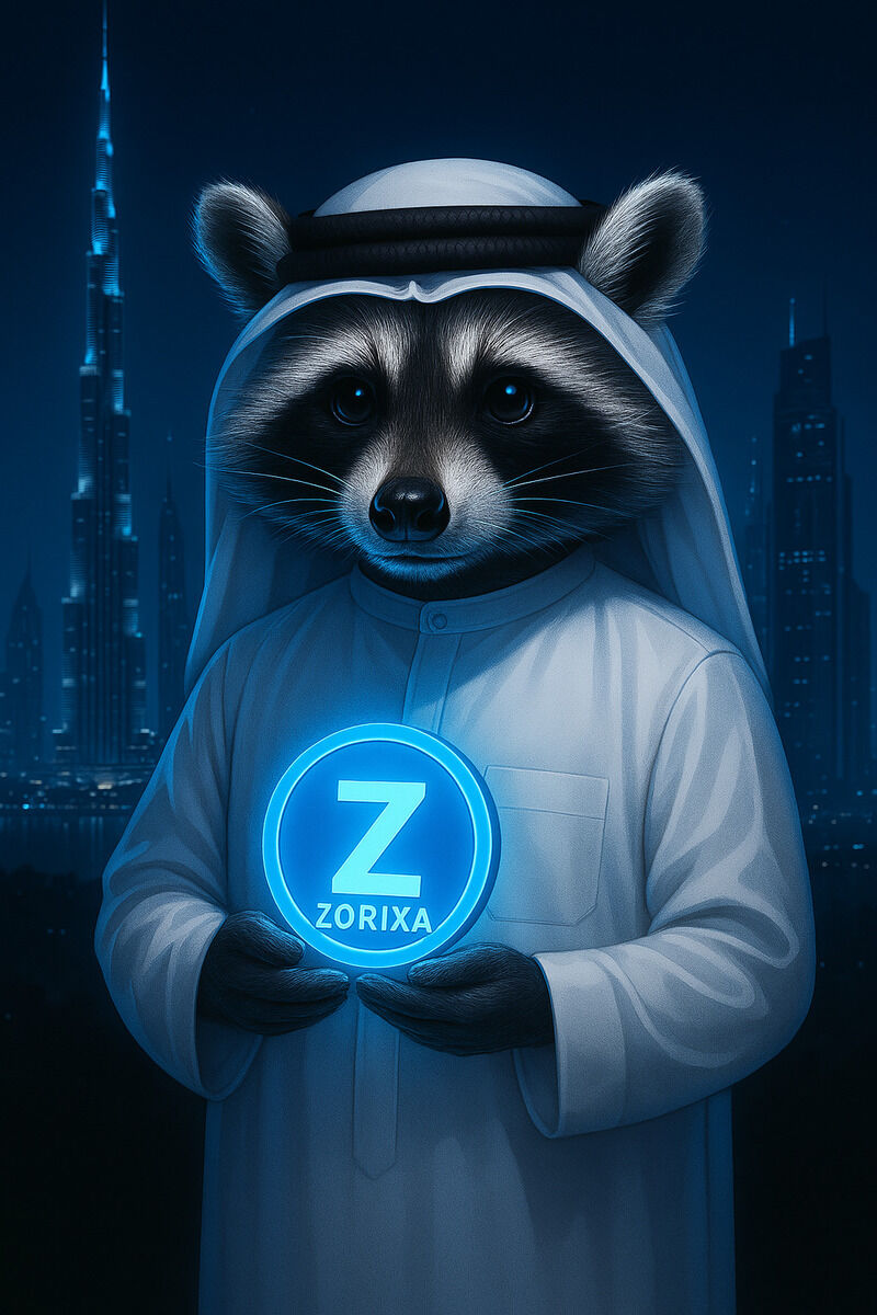ZORIXA raccoon mascot in traditional white outfit