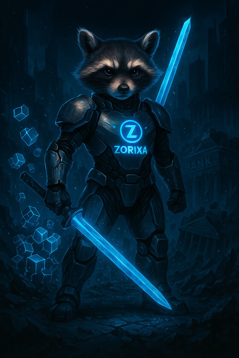 ZORIXA raccoon warrior with blue swords