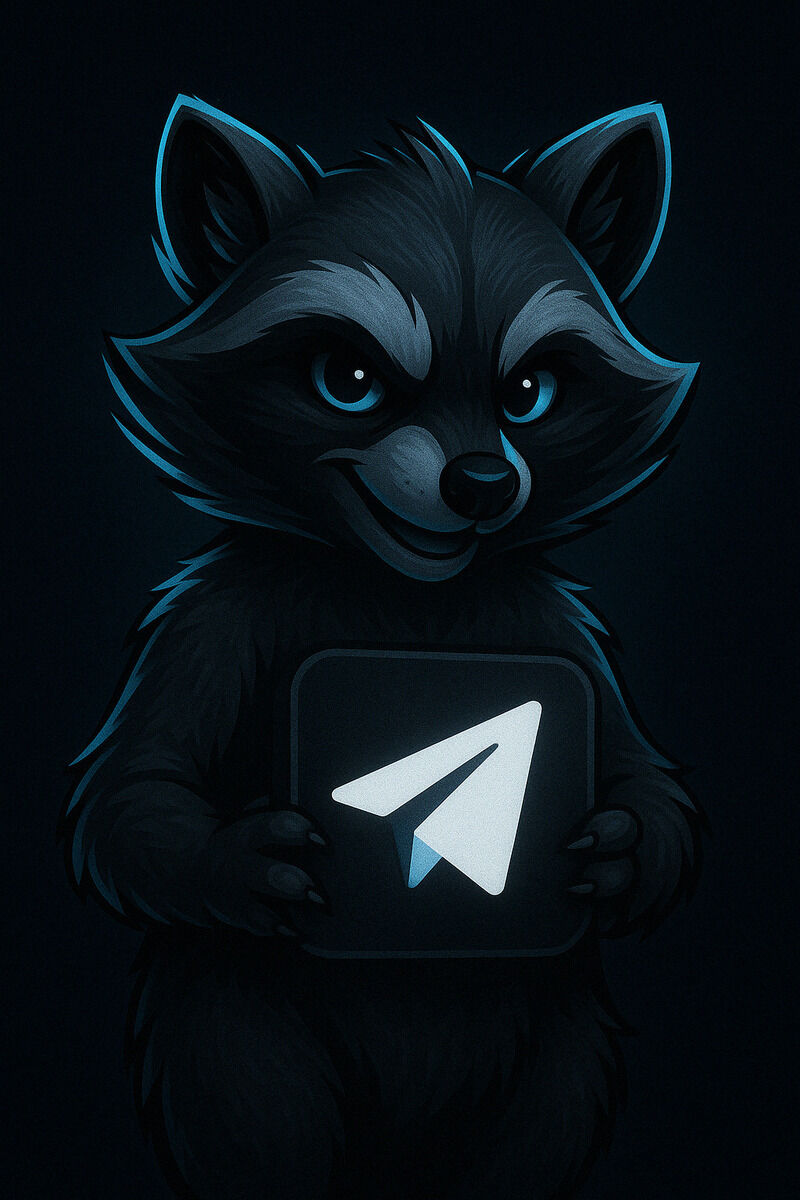 ZORIXA raccoon holding Telegram logo