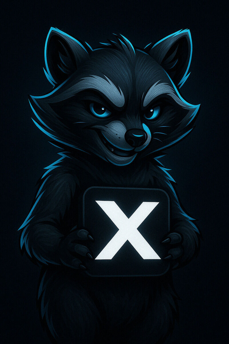 ZORIXA raccoon holding X logo